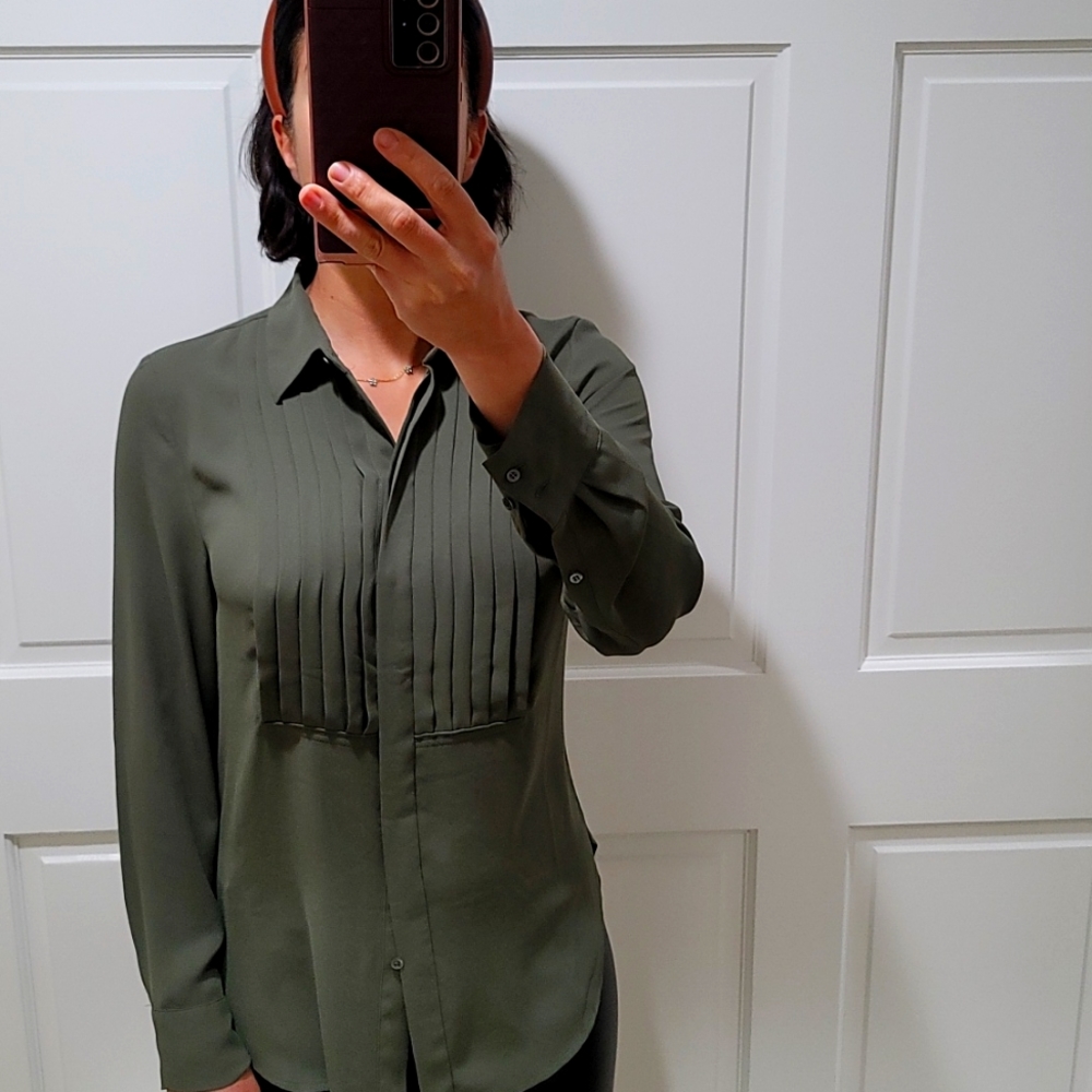 Jcrew army green pleated blouse